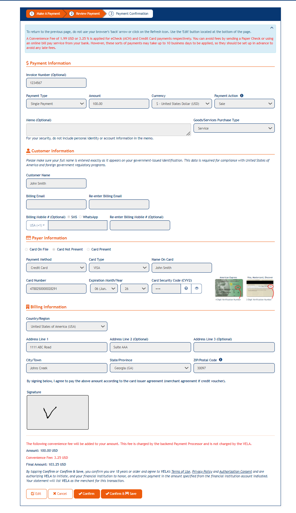 Make A Payment screen buttons